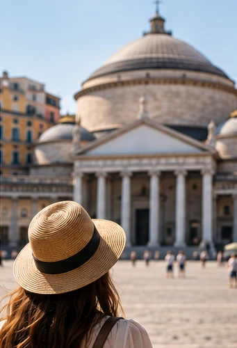Traveler in straw hat exploring Piazza del Plebiscito in Naples bag-free