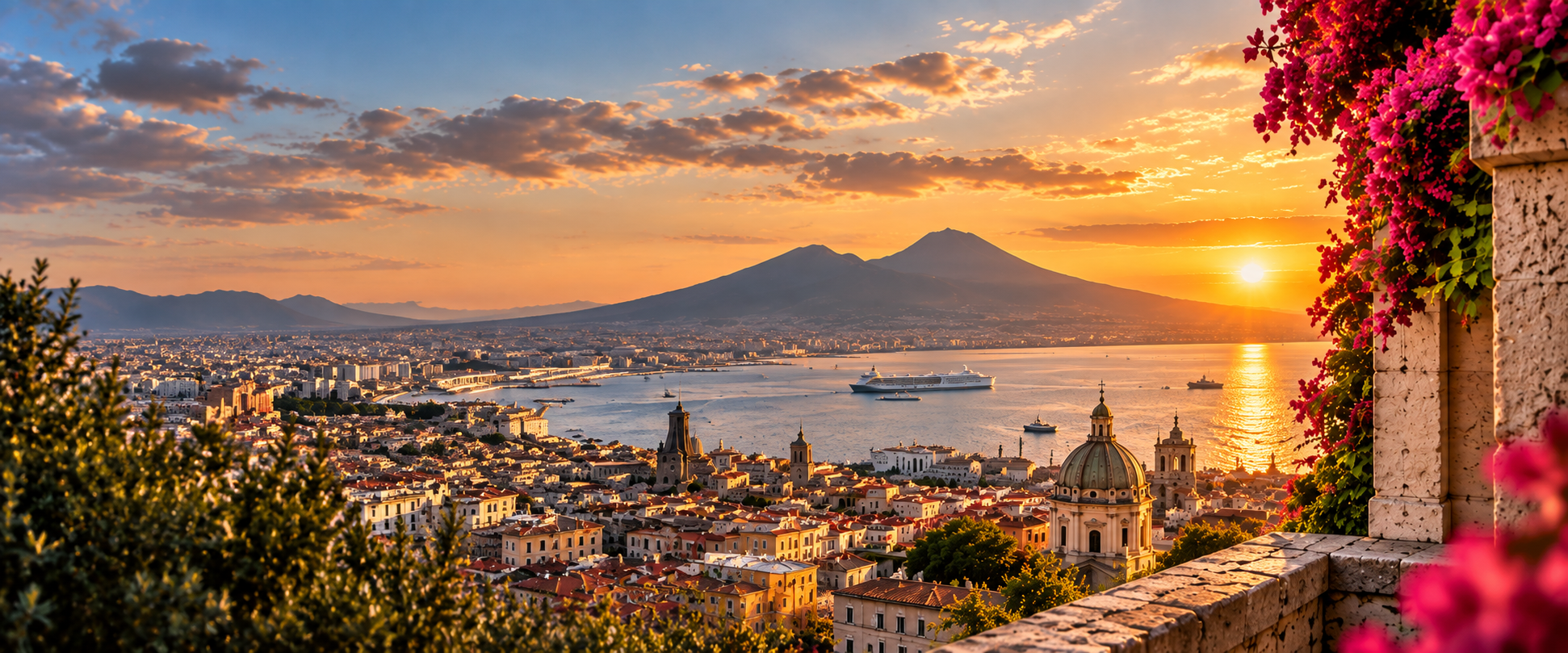 Sunset over Naples Bay and Mount Vesuvius with bougainvillea