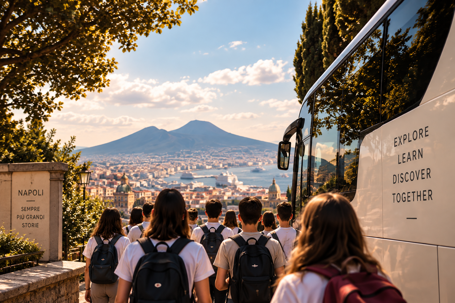 School trip and tour group overlooking Naples Bay and Mount Vesuvius