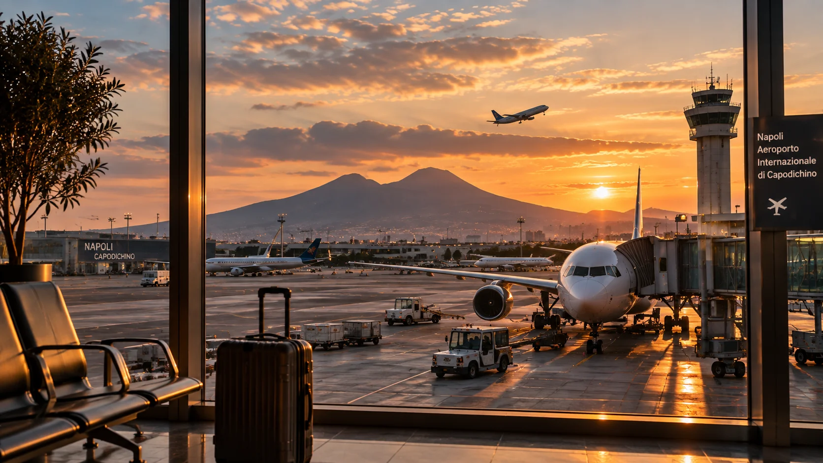 Naples Capodichino Airport runway view with aircraft and Mount Vesuvius at sunset
