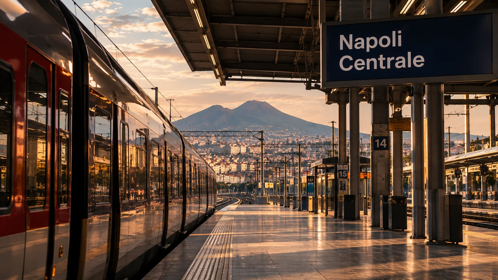 Napoli Centrale railway station platform with train and Vesuvius view